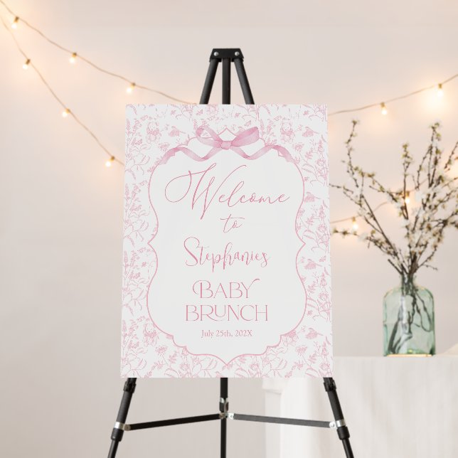 Pink Bow Toile Bear Baby Brunch Girl Welcome sign (In Situ (Stand))