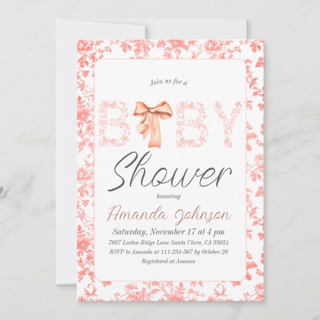 Pink  Bow Toile de Jouy Floral Baby Shower Invitation (Front)