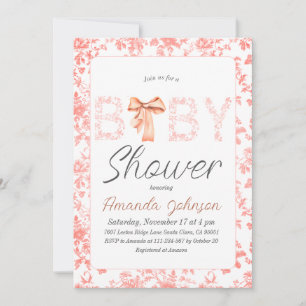 Pink Bow Toile de Jouy Floral Baby Shower Invitation