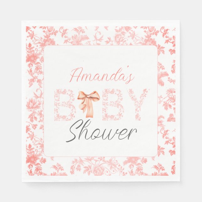 Pink Bow Toile de Jouy Floral Baby Shower  Napkins (Front)