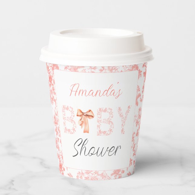 Pink Bow Toile de Jouy Floral Baby Shower  Paper Cups (Front)