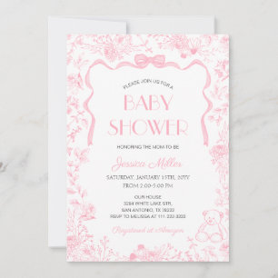 Pink Bow Toile De Jouy Girl Baby Shower Invitation