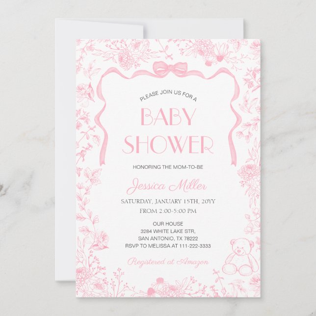 Pink Bow Toile De Jouy Girl Baby Shower Invitation (Front)