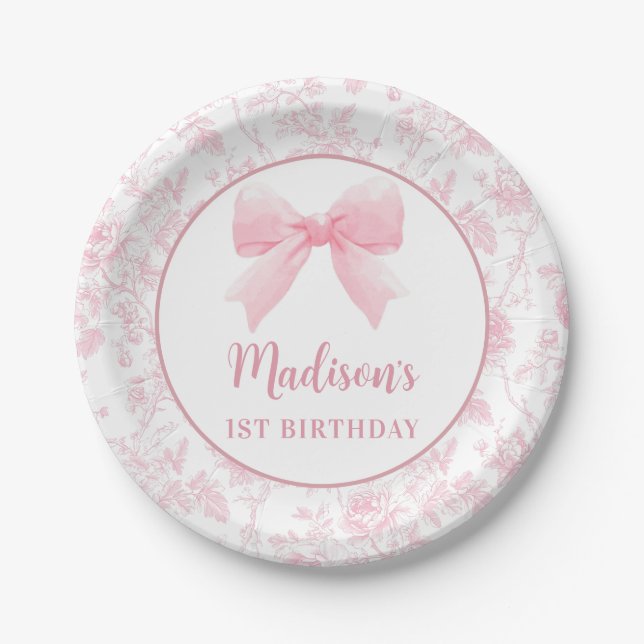 Pink Bow Toile Floral Birthday Paper Plates (Front)