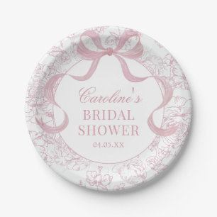 Pink Bow Toile Floral Bridal Shower Paper Plates