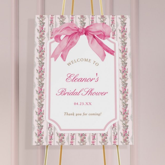 Pink Bow Toile Floral Bridal Shower Welcome Foam Board (Creator Uploaded)