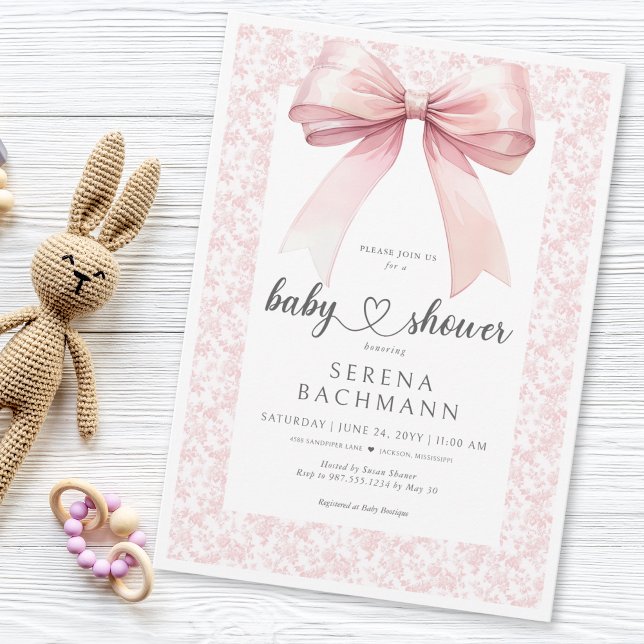 Pink Bow Toile Girl Baby Shower Invitation (Creator Uploaded)