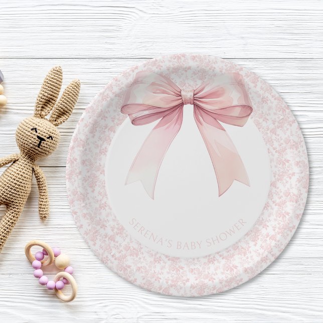 Pink Bow Toile Girl Baby Shower Paper Plates (Pink Bow Toile Girl Baby Shower Paper Plates)