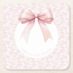 Pink Bow Toile Girl Baby Shower Paper Plates Square Paper Coaster<br><div class="desc">Celebrate the upcoming arrival of a sweet baby girl with this charming baby shower paper coaster. Featuring a delicate pink and white floral toile background this design is as lovely as the occasion itself. A soft watercolor bow crowns the top and adds a whimsical touch. Feminine, graceful, and full of...</div>
