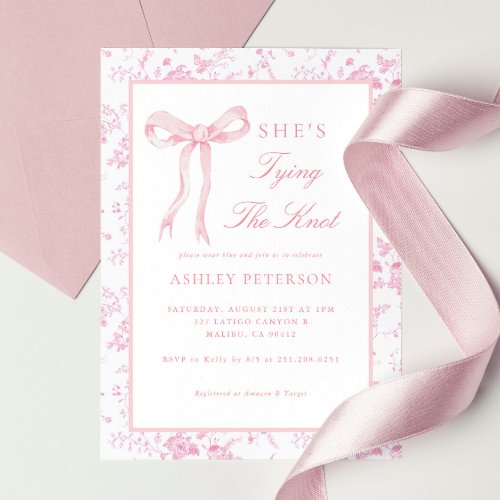 Pink Bow Toile Shes Tying The Knot Bridal Shower Invitation