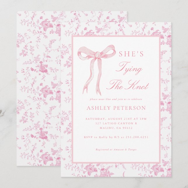 Pink Bow Toile She's Tying The Knot Bridal Shower Invitation | Zazzle