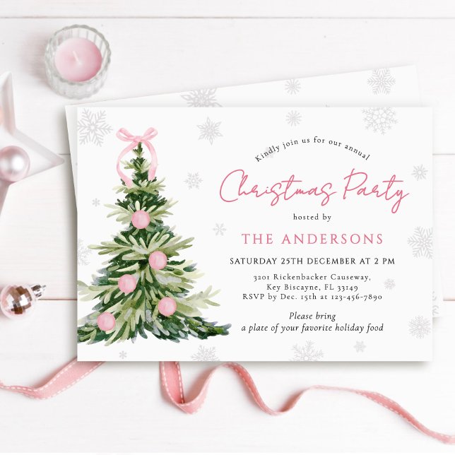 Pink Bow Traditional Tree Christmas Party Invitation (Creator Uploaded)