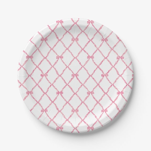 Pink Bow Trellis Paper Party Plate (Front)