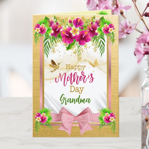  Pink Bow Tropical Floral Mothers Day Customizable Holiday Card