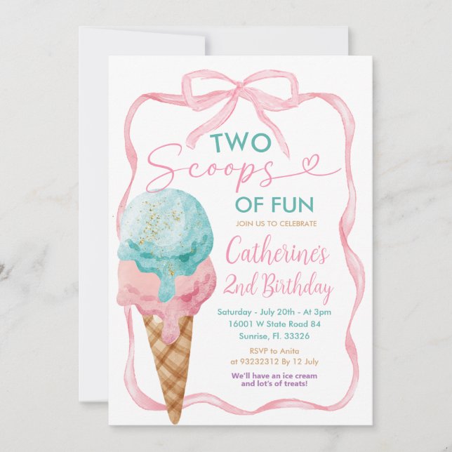 Pink Bow Two Scoops Of Fun Birthday Girl Ice Cream Invitation (Front)
