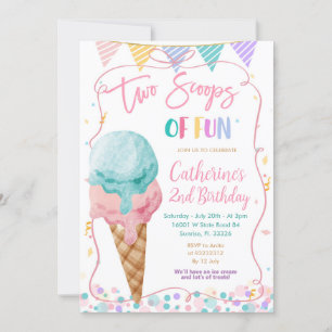 Pink Bow Two Scoops Of Fun Birthday Ice Cream Invitation
