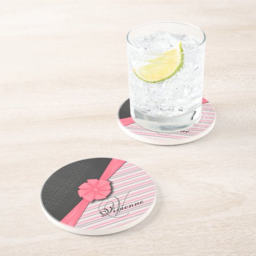 Pink Bow Two Tone Grey  Pink Stripes Coaster
