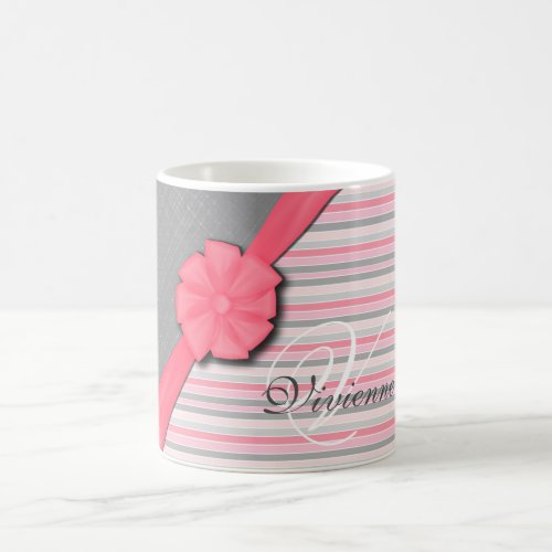 Pink Bow Two Tone Grey  Pink Stripes Coffee Mug