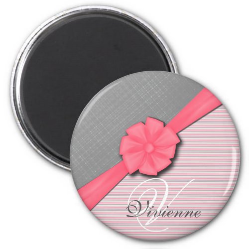 Pink Bow Two Tone Grey  Pink Stripes Magnet