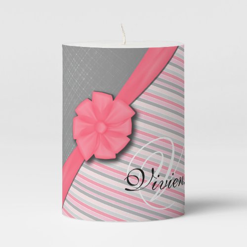 Pink Bow Two Tone Grey  Pink Stripes Pillar Candle