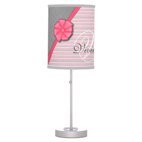 Pink Bow Two Tone Grey  Pink Stripes Table Lamp