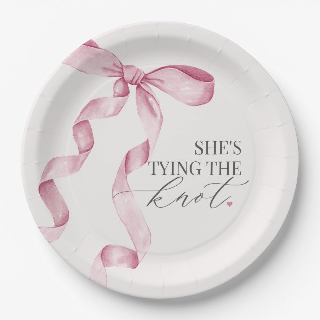 Pink Bow Tying the Knot Bridal Shower Decor Paper Plates (Front)