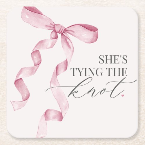 Pink Bow Tying the Knot Bridal Shower Decor Square Paper Coaster