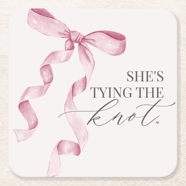 Pink Bow Tying the Knot Bridal Shower Decor Square Paper Coaster (Front)