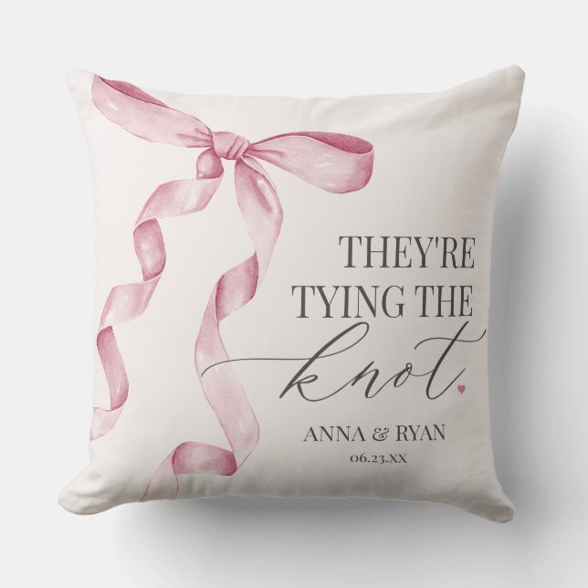 Pink Bow Tying the Knot Bridal Shower Gift Throw Pillow (Front)