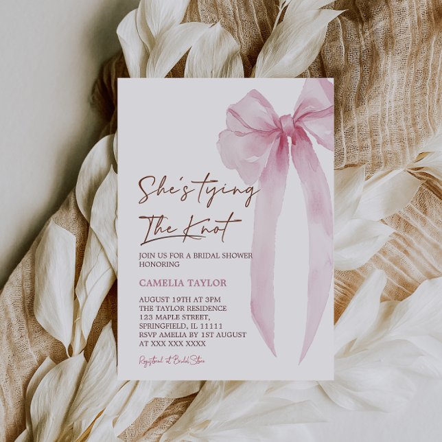 Pink Bow Tying The Knot Bridal Shower Invitation (Creator Uploaded)