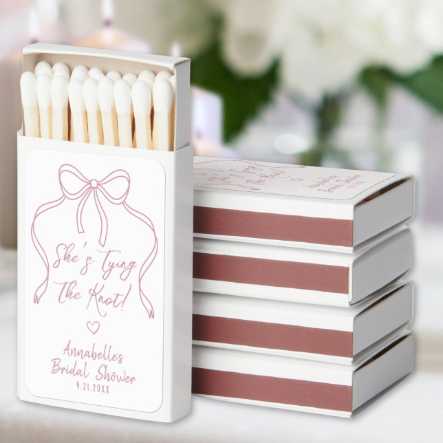 Pink Bow Tying The Knot Bridal Shower Matchboxes (Pink Boy Tying The Knot Hand Drawn Bridal Shower Matchboxes)