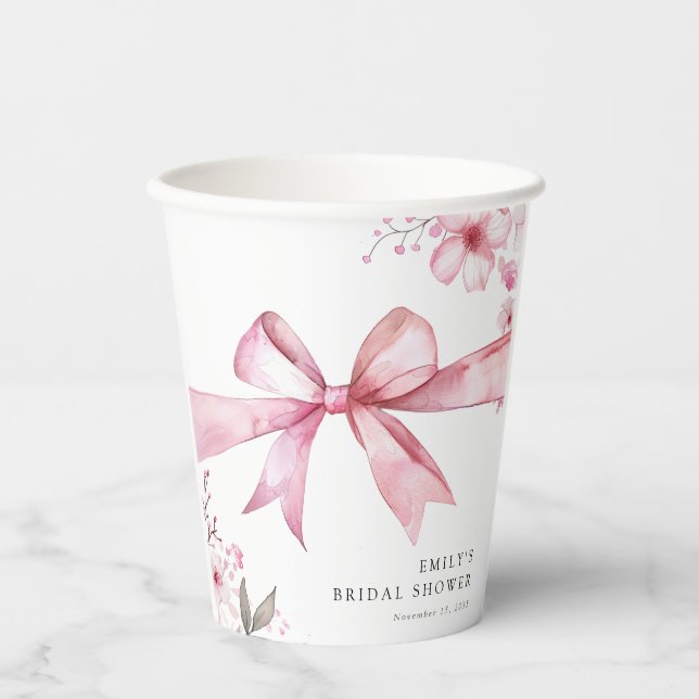 Pink Bow Tying the Knot Bridal Shower Paper Cups (Front)