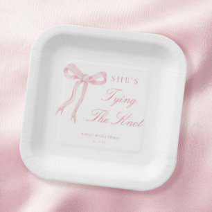 Pink Bow Tying The Knot Bridal Shower Paper Plates