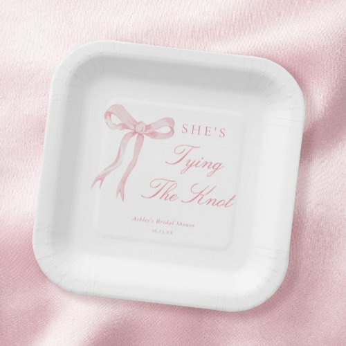 Pink Bow Tying The Knot Bridal Shower Paper Plates