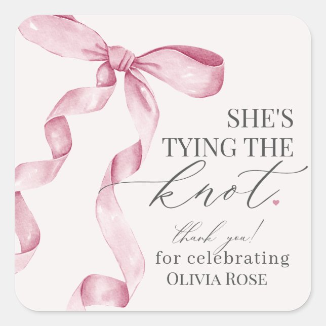 Pink Bow Tying the Knot Bridal Shower Party Favor Square Sticker (Front)