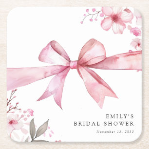 Pink Bow Tying the Knot Bridal Shower Square Paper Coaster