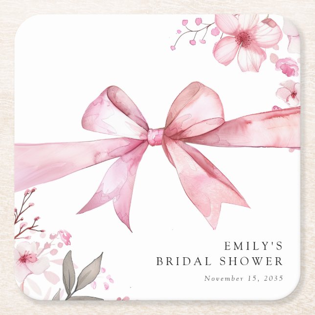 Pink Bow Tying the Knot Bridal Shower Square Paper Coaster (Front)