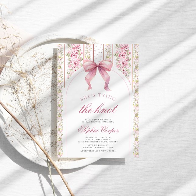 Pink Bow Tying the Knot Vintage Bridal Shower Invitation (Creator Uploaded)
