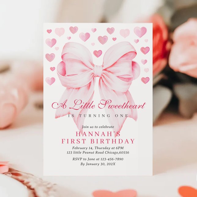 Pink Bow Valentine's First Birthday Invitation (Creator Uploaded)