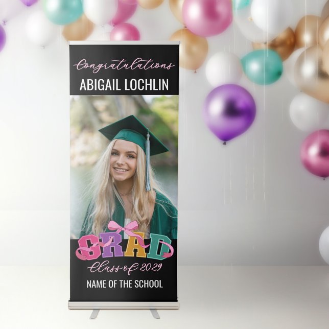 Pink Bow Varsity Letter Grad Class of Year Photo Retractable Banner (Creator Uploaded)