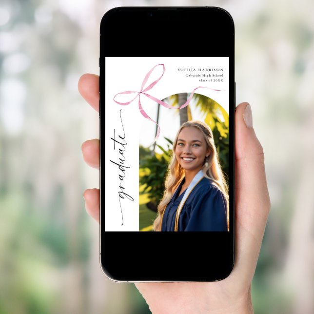 Pink Bow Vertical Script Graduation Invitation (Front Digital)