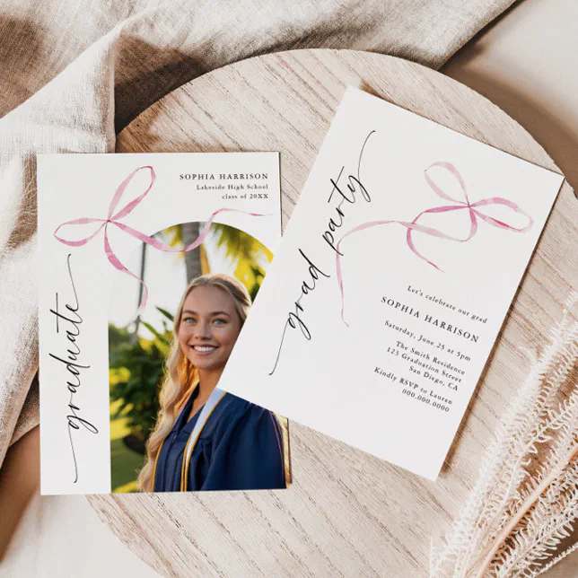 Bow For Graduation Script Pink Bow Vertical Script Graduation Invitation | Zazzle