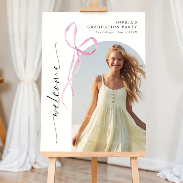 Bow For Graduation Script Pink Bow Vertical Script Graduation Welcome Foam Board | Zazzle