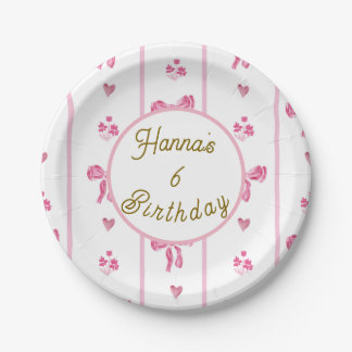 Pink Bow Vertical Stripe -preppy coquette birthday Paper Plates