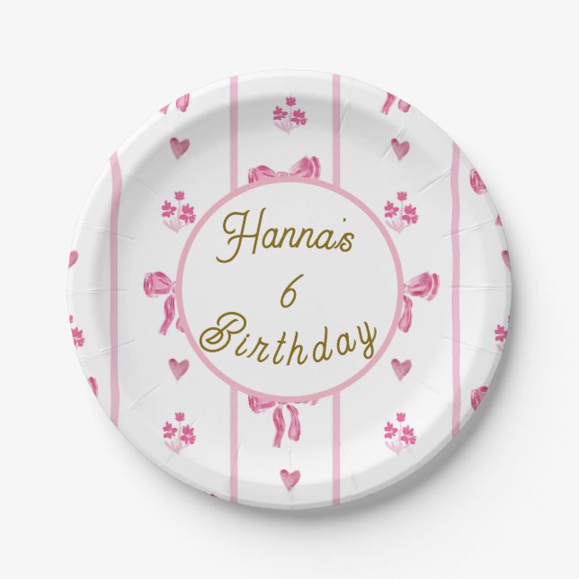 Pink Bow Vertical Stripe -preppy coquette birthday Paper Plates (Front)