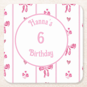 Pink Bow Vertical Stripe - preppy coquette Square Paper Coaster