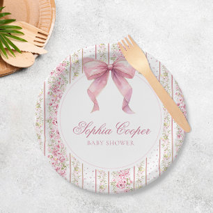 Pink Bow Vintage Coquette Baby Shower Paper Plates