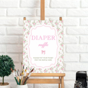 Pink Bow Vintage Floral Baby Shower Diaper Raffle Poster