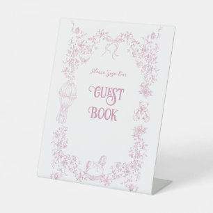 Pink Bow Vintage Floral Baby Shower Guest Book Pedestal Sign