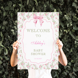 Pink Bow Vintage Floral Baby Shower Welcome Poster